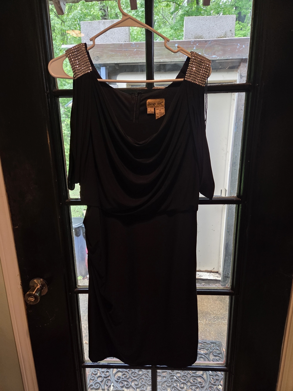 Midnight Velvet Black Cold-Shoulder Mini Dress with Embellished Straps